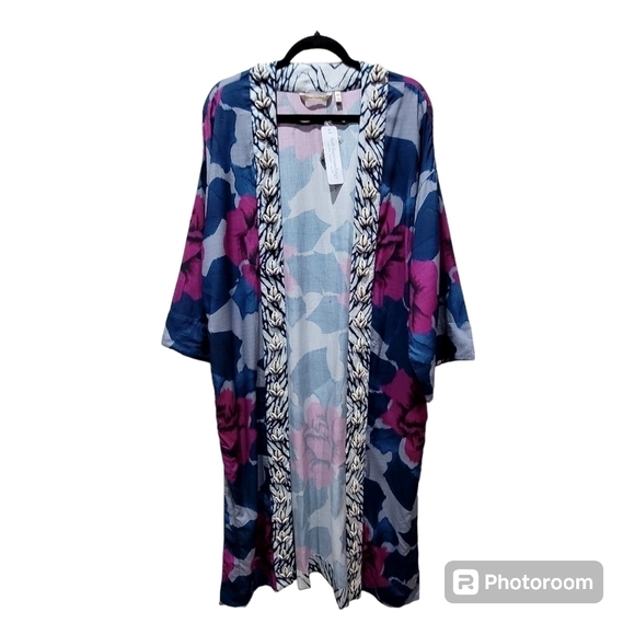 NWT SOFT SURROUNDINGS S/M Colorful Embellished Seashells Kimono Coverup Floral - Picture 2 of 13